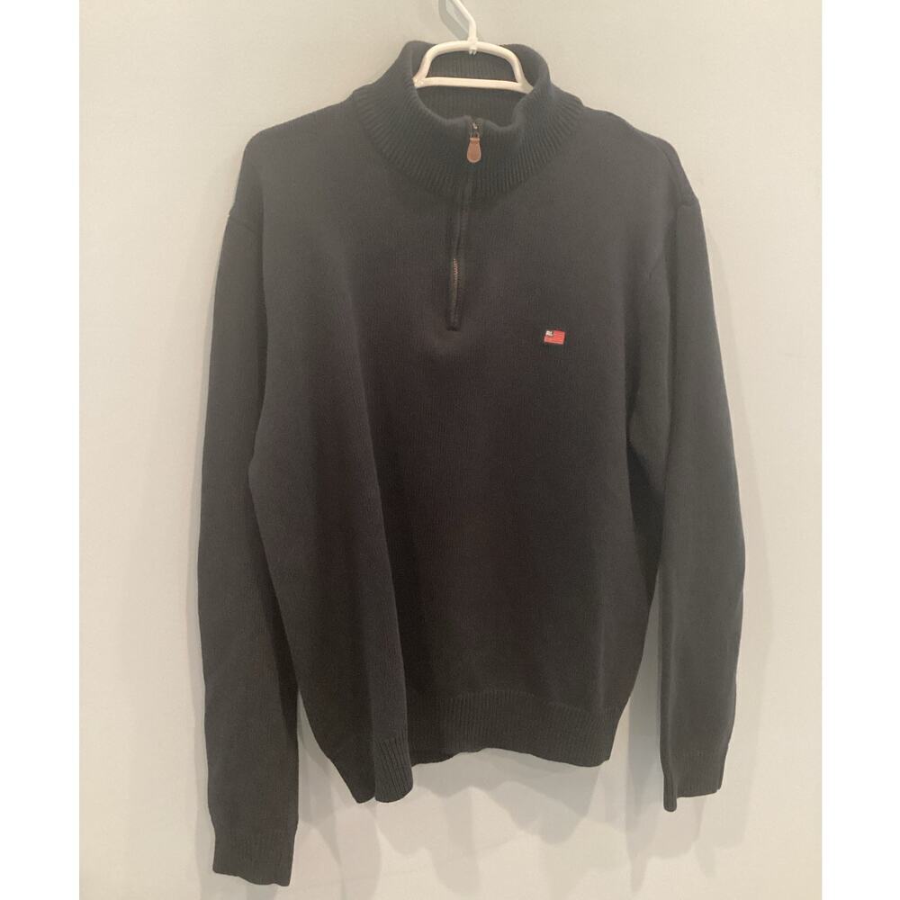Vintage Polo Ralph Lauren Mens Quarter Zip Size XL Black Preppy Classic Flag USA